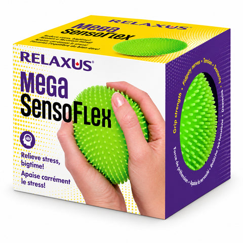 Mega SensoFlex extra-large spiky sensory ball; 13.3 cm textured sensory squeeze ball; Mega SensoFlex held in both hands; close-up of spiky TPR sensory ball surface; extra-large squeeze toy for tactile play; Mega SensoFlex being squeezed by hand; spiky sensory ball with flexible PVA interior; large tactile fidget ball for dexterity activities