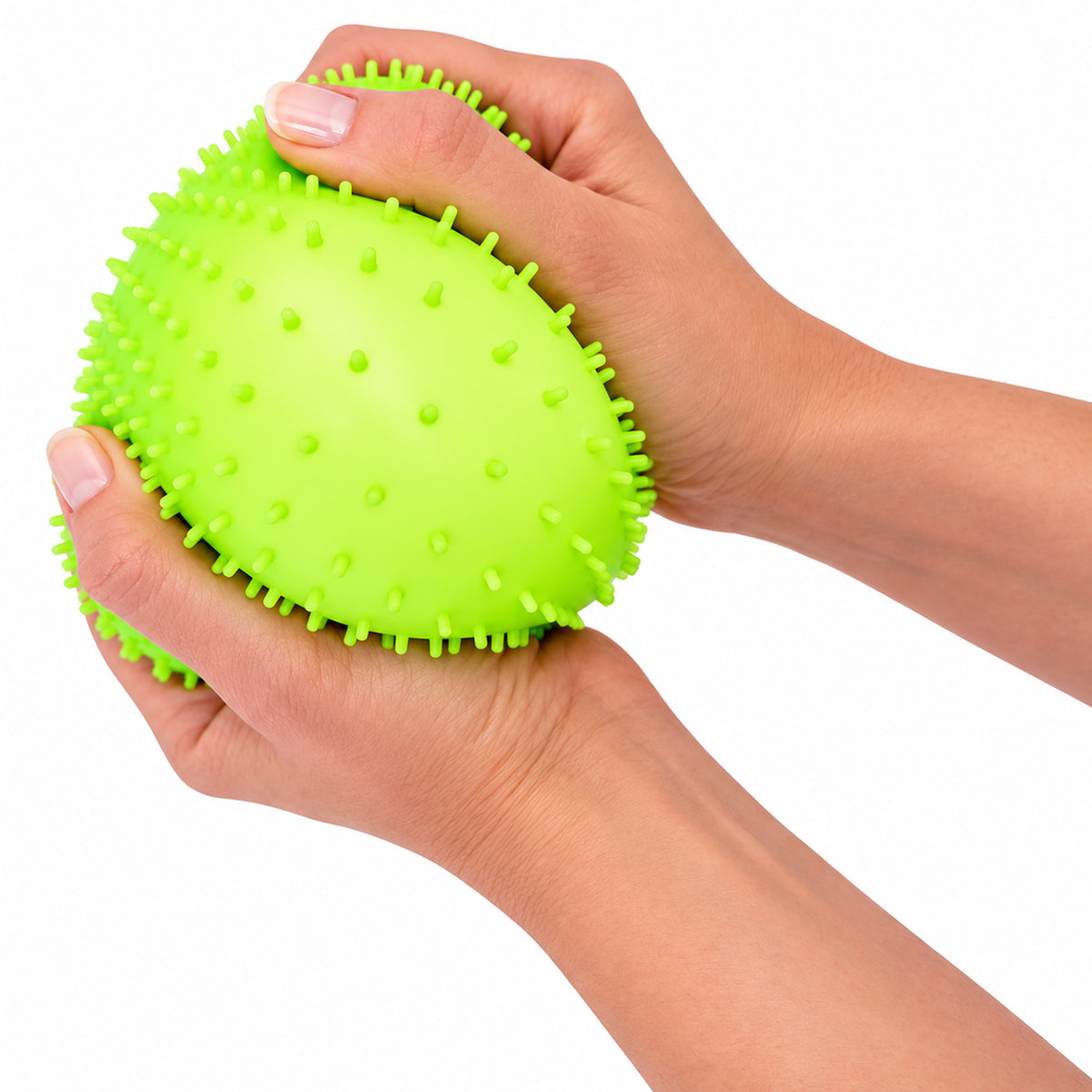 Mega SensoFlex extra-large spiky sensory ball; 13.3 cm textured sensory squeeze ball; Mega SensoFlex held in both hands; close-up of spiky TPR sensory ball surface; extra-large squeeze toy for tactile play; Mega SensoFlex being squeezed by hand; spiky sensory ball with flexible PVA interior; large tactile fidget ball for dexterity activities
