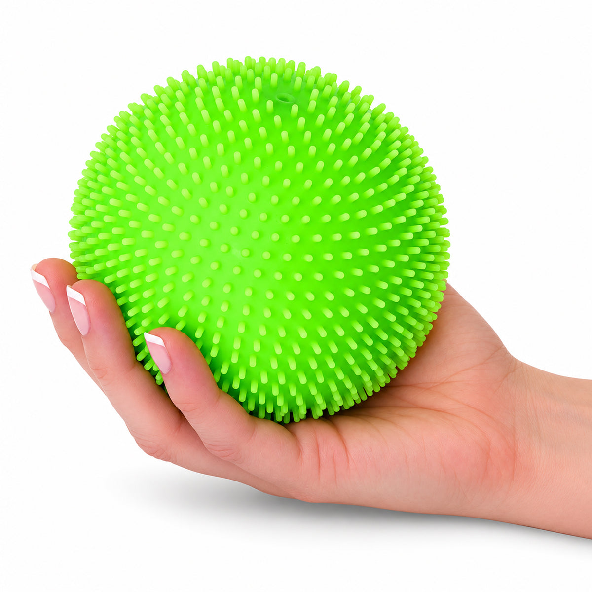 Mega SensoFlex extra-large spiky sensory ball; 13.3 cm textured sensory squeeze ball; Mega SensoFlex held in both hands; close-up of spiky TPR sensory ball surface; extra-large squeeze toy for tactile play; Mega SensoFlex being squeezed by hand; spiky sensory ball with flexible PVA interior; large tactile fidget ball for dexterity activities