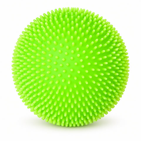 Mega SensoFlex extra-large spiky sensory ball; 13.3 cm textured sensory squeeze ball; Mega SensoFlex held in both hands; close-up of spiky TPR sensory ball surface; extra-large squeeze toy for tactile play; Mega SensoFlex being squeezed by hand; spiky sensory ball with flexible PVA interior; large tactile fidget ball for dexterity activities
