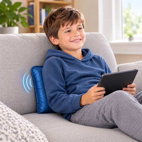 Sensory Solutions pressure-activated vibration cushion; Blue vibration cushion for sensory support; Compact 30 cm sensory vibration cushion; Child seated with a vibration cushion; Pressure-activated cushion positioned against the lower back; Portable cordless vibration cushion; Vinyl sensory cushion with soft foam filling; Sensory Solutions Vibration Cushion packaging.