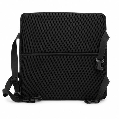 Pro Posture memory foam back cushion Memory foam lumbar support cushion for office chair Ergonomic back cushion with breathable mesh fabric Pro Posture Back Cushion with adjustable elasticised strap
Contoured high-density memory foam lumbar cushion Back support cushion positioned on an office chair
Removable-cover memory foam back cushion Lumbar support cushion for home office auto and gaming