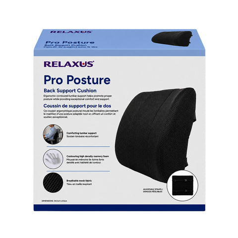 Pro Posture memory foam back cushion Memory foam lumbar support cushion for office chair Ergonomic back cushion with breathable mesh fabric Pro Posture Back Cushion with adjustable elasticised strap
Contoured high-density memory foam lumbar cushion Back support cushion positioned on an office chair
Removable-cover memory foam back cushion Lumbar support cushion for home office auto and gaming
