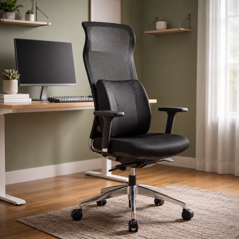 Pro Posture memory foam back cushion Memory foam lumbar support cushion for office chair Ergonomic back cushion with breathable mesh fabric Pro Posture Back Cushion with adjustable elasticised strap
Contoured high-density memory foam lumbar cushion Back support cushion positioned on an office chair
Removable-cover memory foam back cushion Lumbar support cushion for home office auto and gaming