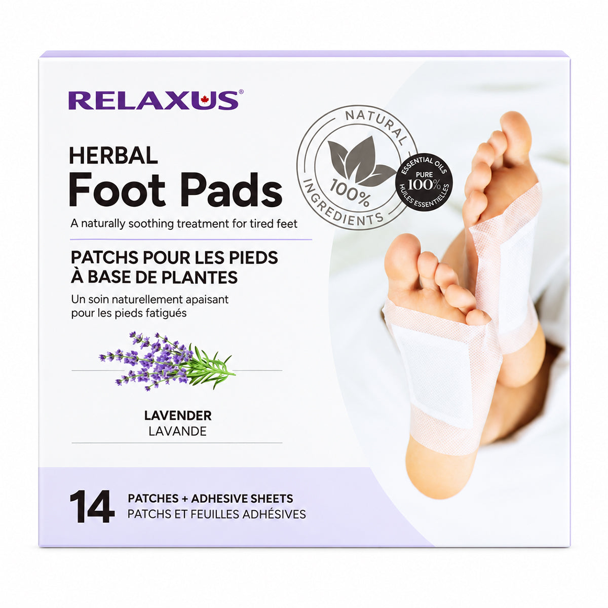 Lavender Herbal Foot Pads 14-pack Overnight lavender herbal foot patches Herbal foot pads with adhesive sheets Lavender foot pads with wood vinegar and tourmaline Single-use herbal foot pads for overnight use Herbal foot patches with lavender and eucalyptus Seven-night lavender foot-care patch set Lavender herbal foot pad applied to sole
