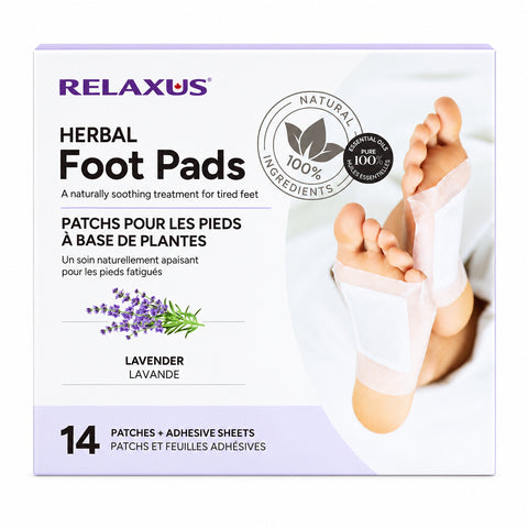 Lavender Herbal Foot Pads 14-pack Overnight lavender herbal foot patches Herbal foot pads with adhesive sheets Lavender foot pads with wood vinegar and tourmaline Single-use herbal foot pads for overnight use Herbal foot patches with lavender and eucalyptus Seven-night lavender foot-care patch set Lavender herbal foot pad applied to sole
