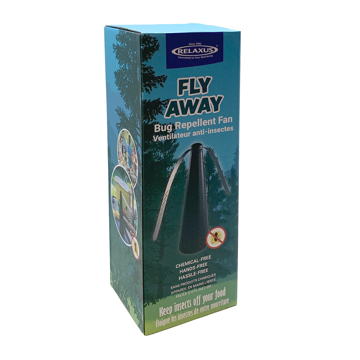 Fly Away Bug Repellent Fan on picnic table chemical-free bug repellent fan for food battery-operated fly fan for outdoor dining tabletop bug fan with soft-touch blades outdoor food fan with reflective spinning blades hanging bug repellent fan for patio meals