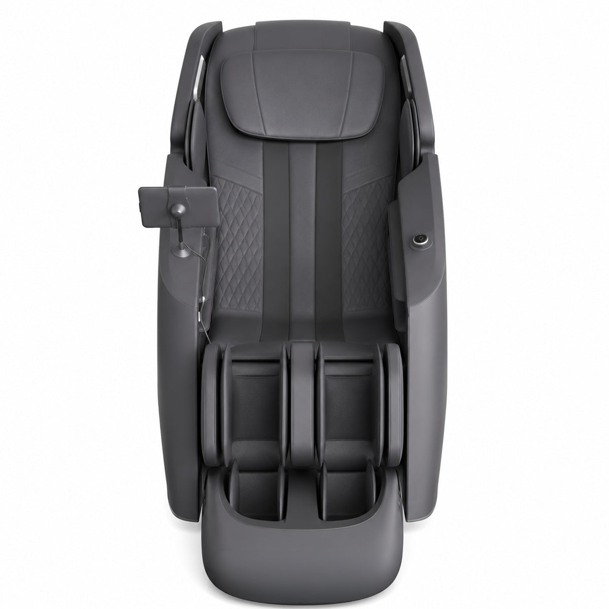 Relaxus 4D Aurora Massage Chair in white and grey; Relaxus Aurora massage chair side view; 4D massage mechanism inside Relaxus Aurora chair; Relaxus Aurora waist heating feature; Relaxus Aurora air compression massage chair; Relaxus Aurora 140 degree foot and ankle stretch; Relaxus Aurora large-screen controller; Relaxus Aurora ergonomic massage track