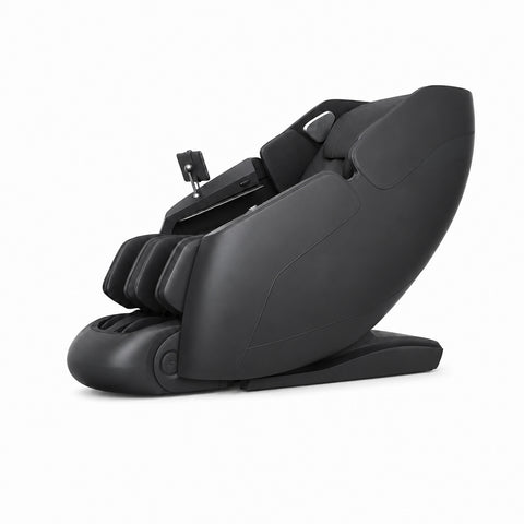 Relaxus 4D Aurora Massage Chair in white and grey; Relaxus Aurora massage chair side view; 4D massage mechanism inside Relaxus Aurora chair; Relaxus Aurora waist heating feature; Relaxus Aurora air compression massage chair; Relaxus Aurora 140 degree foot and ankle stretch; Relaxus Aurora large-screen controller; Relaxus Aurora ergonomic massage track
