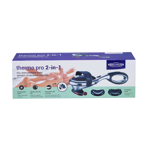 Thermo Pro 2-in-1 heated handheld massager; handheld massager with detachable palm attachment; adjustable intensity heated body massager; Thermo Pro massager with 3 massage heads; ergonomic handheld back and shoulder massager; heated handheld massager for home use
