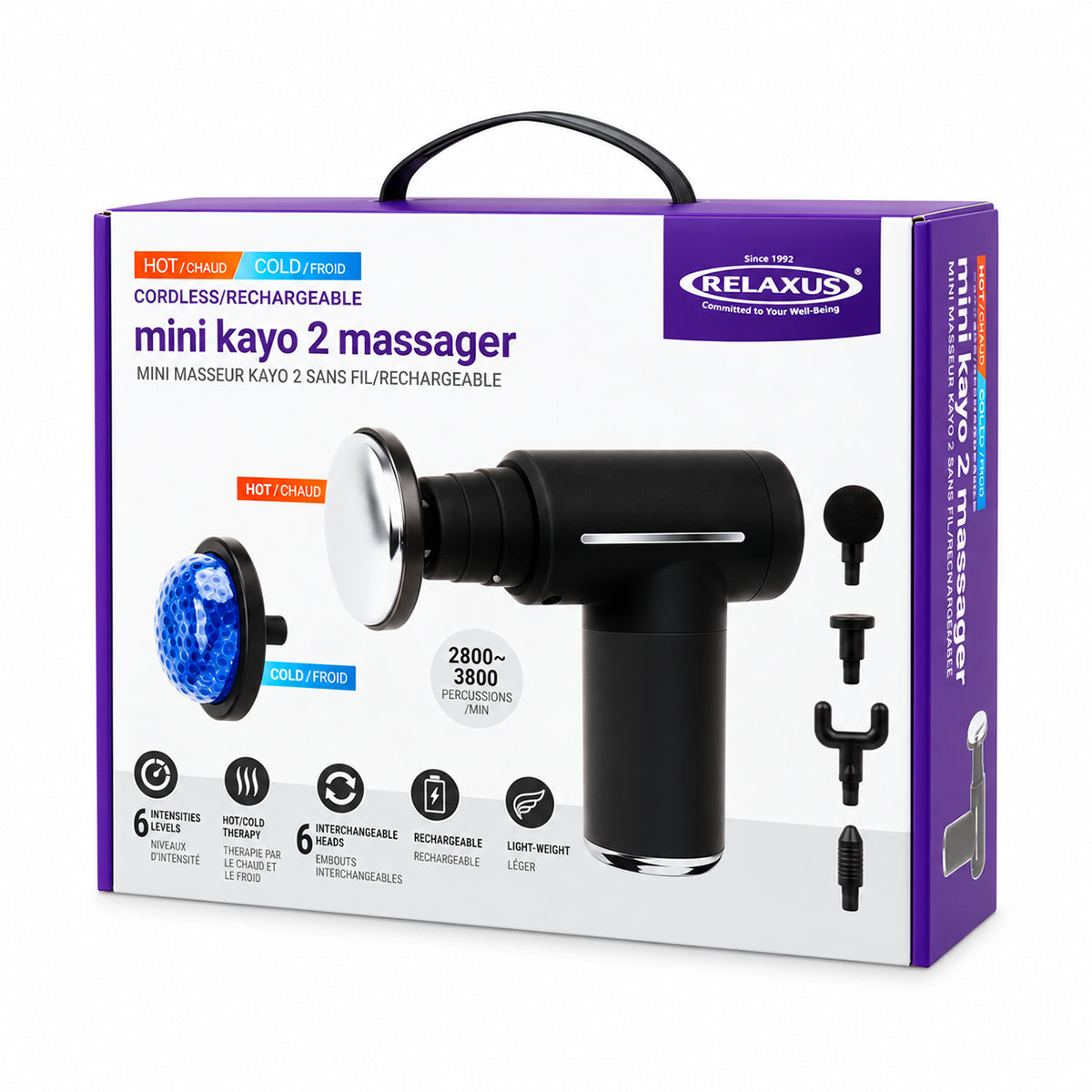 Kayo 2 hot and cold percussion massager
Compact massage gun with six interchangeable heads
Hot and cold massage heads for Kayo 2
USB-C rechargeable Kayo 2 massage gun
Kayo 2 massage gun LED display
Portable 1.1 lb percussion massager
Kayo 2 massage gun with anti-slip grip
