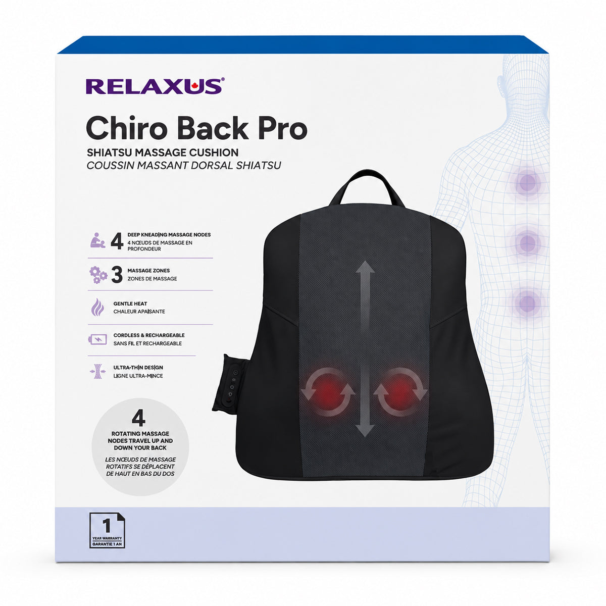 Chiro Back Pro cordless Shiatsu massage cushion Rechargeable back massage cushion with gentle heat
Shiatsu massage cushion with four deep-kneading nodes Chiro Back Pro massage cushion on a chair Ultra-thin cordless back massager with elastic straps Rechargeable Shiatsu back cushion with three massage zones
Back massage cushion with vegan leather and breathable mesh
Chiro Back Pro massage cushion with Type-C charging cable