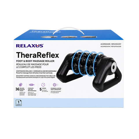 TheraReflex Foot & Body Massage Roller; TheraReflex cordless massage roller; TheraReflex foot massage roller with 36 textured nodes; TheraReflex rechargeable body massage roller; TheraReflex massage roller with five speeds; TheraReflex USB Type-C massage roller; TheraReflex triangular base massage roller; TheraReflex foot and body reflexology roller