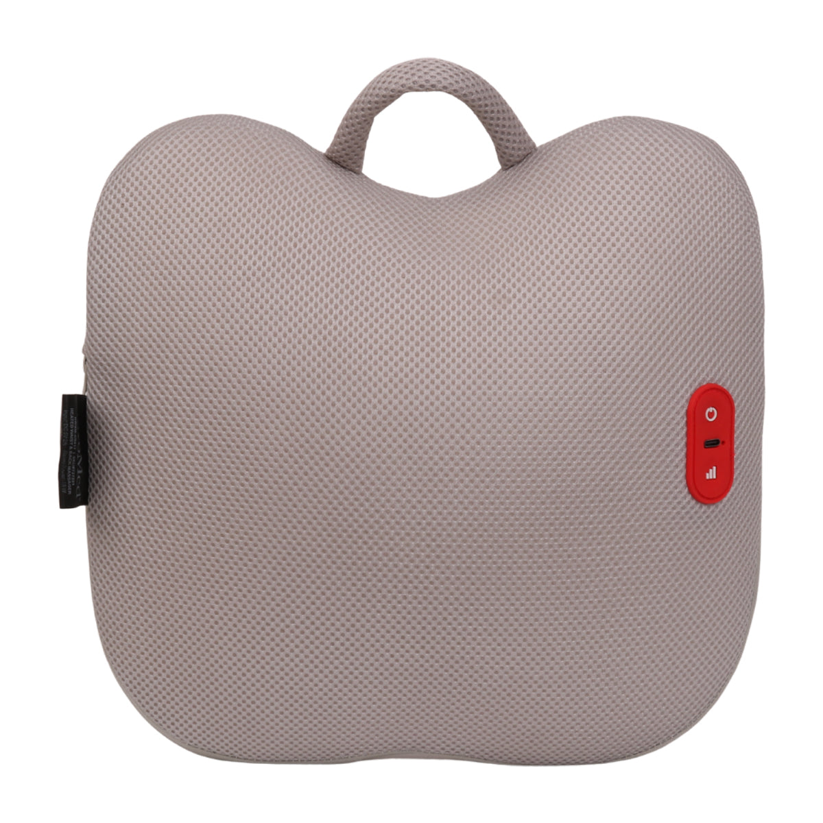 Thera Shiatsu cordless massage cushion with heat; cordless shiatsu massage cushion with breathable fabric cover; Thera massage cushion showing four rolling massage nodes; rechargeable shiatsu massage cushion for neck and shoulders; massage cushion positioned for lower back massage; cordless massage cushion with optional heat function; Thera Shiatsu massage cushion with removable washable cover; rechargeable massage cushion with 2000 mAh battery.