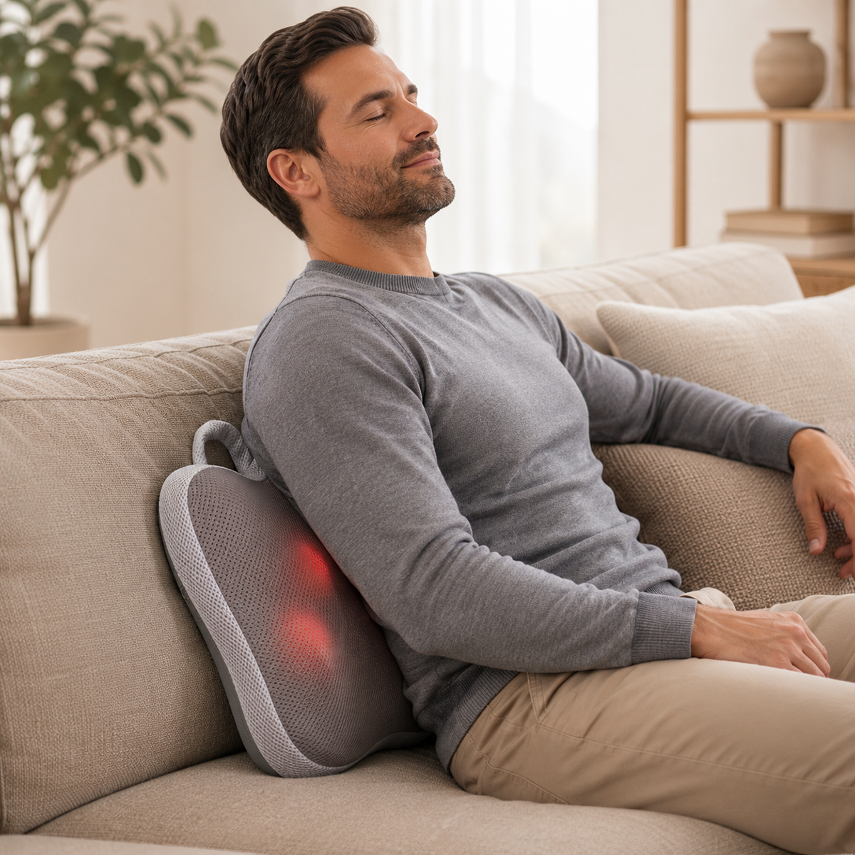 Thera Shiatsu cordless massage cushion with heat; cordless shiatsu massage cushion with breathable fabric cover; Thera massage cushion showing four rolling massage nodes; rechargeable shiatsu massage cushion for neck and shoulders; massage cushion positioned for lower back massage; cordless massage cushion with optional heat function; Thera Shiatsu massage cushion with removable washable cover; rechargeable massage cushion with 2000 mAh battery.