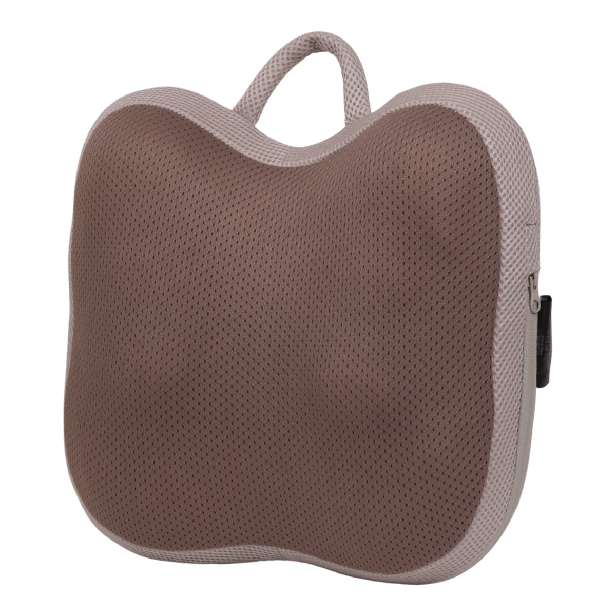 Thera Shiatsu cordless massage cushion with heat; cordless shiatsu massage cushion with breathable fabric cover; Thera massage cushion showing four rolling massage nodes; rechargeable shiatsu massage cushion for neck and shoulders; massage cushion positioned for lower back massage; cordless massage cushion with optional heat function; Thera Shiatsu massage cushion with removable washable cover; rechargeable massage cushion with 2000 mAh battery.