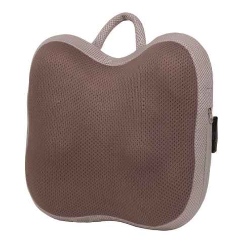 Thera Shiatsu cordless massage cushion with heat; cordless shiatsu massage cushion with breathable fabric cover; Thera massage cushion showing four rolling massage nodes; rechargeable shiatsu massage cushion for neck and shoulders; massage cushion positioned for lower back massage; cordless massage cushion with optional heat function; Thera Shiatsu massage cushion with removable washable cover; rechargeable massage cushion with 2000 mAh battery.