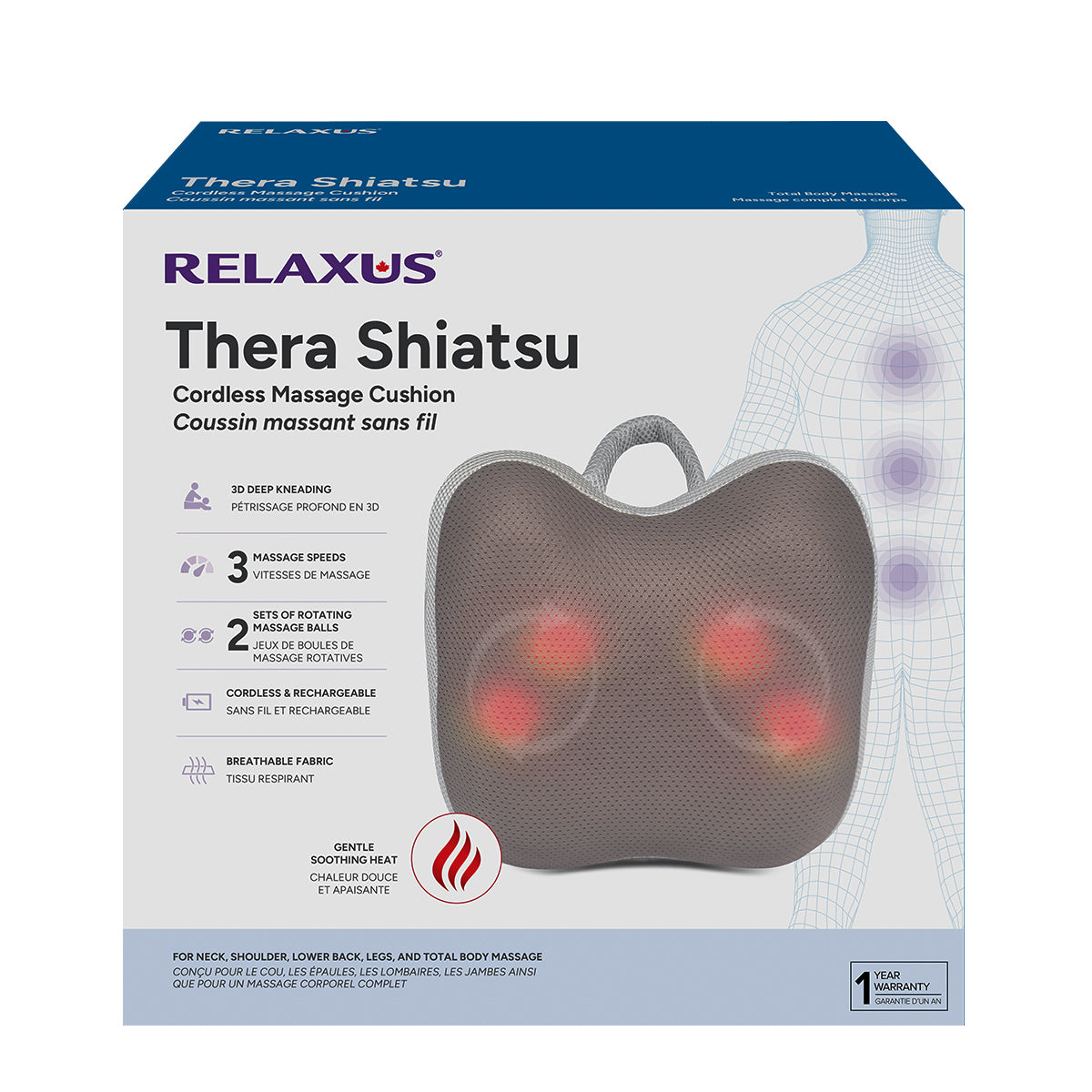 Thera Shiatsu cordless massage cushion with heat; cordless shiatsu massage cushion with breathable fabric cover; Thera massage cushion showing four rolling massage nodes; rechargeable shiatsu massage cushion for neck and shoulders; massage cushion positioned for lower back massage; cordless massage cushion with optional heat function; Thera Shiatsu massage cushion with removable washable cover; rechargeable massage cushion with 2000 mAh battery.