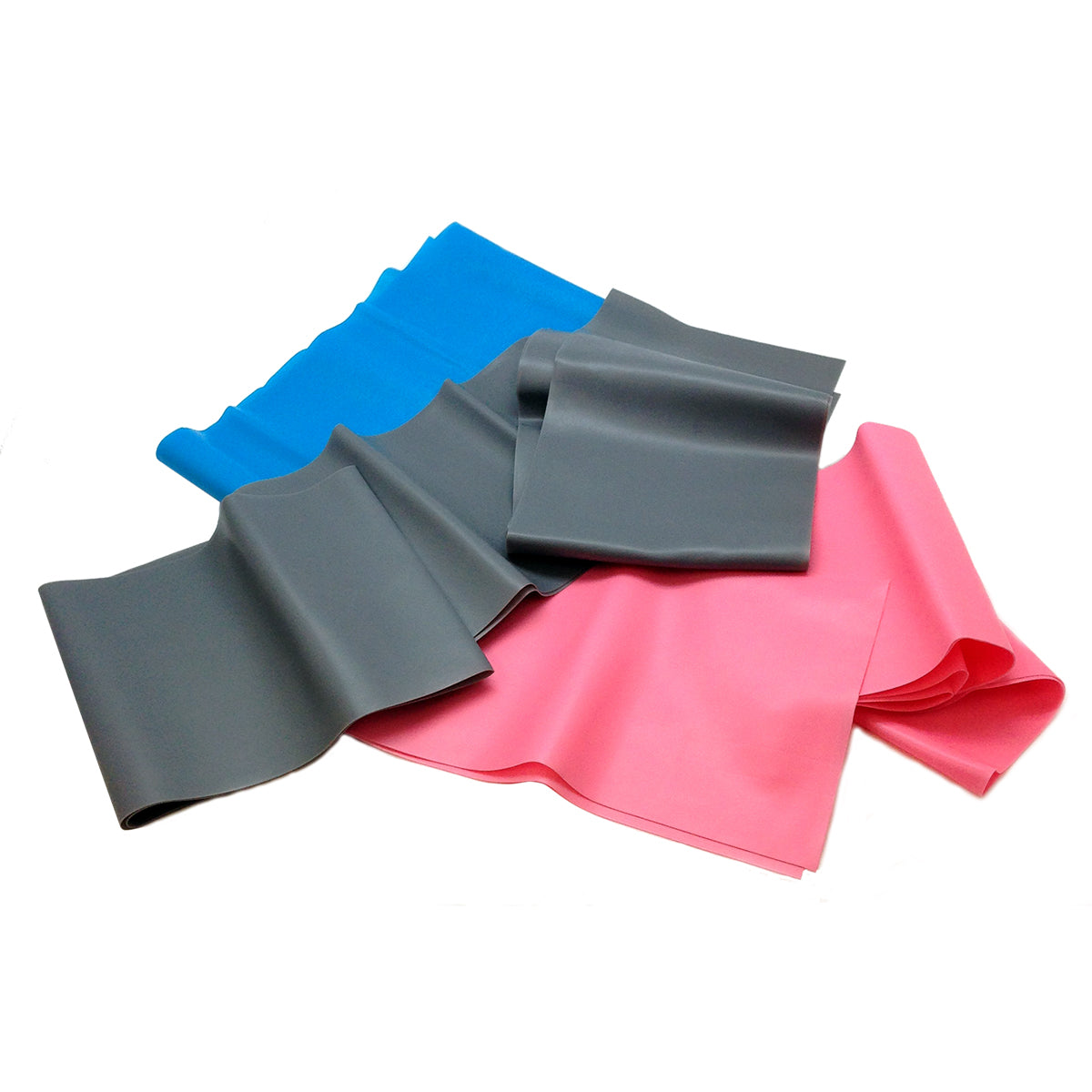 Resistance Exercise Bands Set with three colour-coded bands; blue light resistance exercise band; pink medium resistance exercise band; grey heavy resistance exercise band; latex-free TPE resistance bands laid flat; three resistance bands in light medium and heavy levels; 71 by 5 inch exercise resistance band; resistance exercise bands arranged as a three-piece set