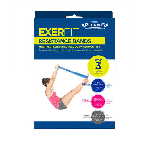 Resistance Exercise Bands Set with three colour-coded bands; blue light resistance exercise band; pink medium resistance exercise band; grey heavy resistance exercise band; latex-free TPE resistance bands laid flat; three resistance bands in light medium and heavy levels; 71 by 5 inch exercise resistance band; resistance exercise bands arranged as a three-piece set