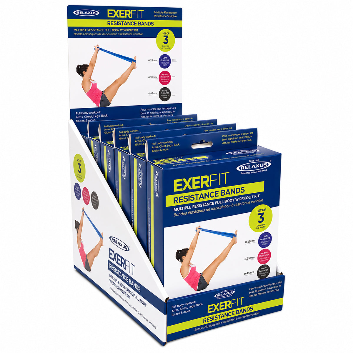 Resistance Exercise Bands Set with three colour-coded bands; blue light resistance exercise band; pink medium resistance exercise band; grey heavy resistance exercise band; latex-free TPE resistance bands laid flat; three resistance bands in light medium and heavy levels; 71 by 5 inch exercise resistance band; resistance exercise bands arranged as a three-piece set