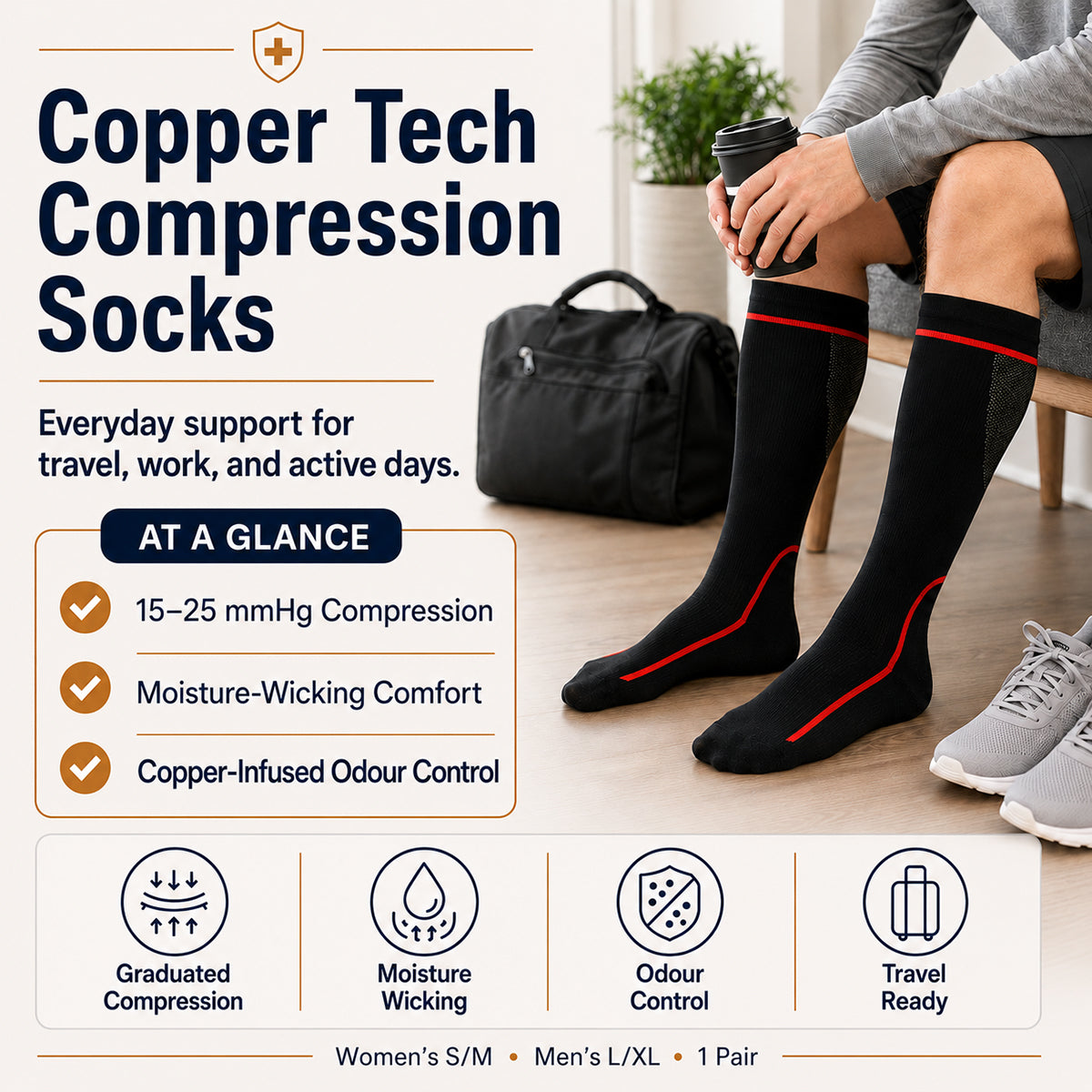 Copper Tech Compression Socks over the calf; moderate compression socks 15-25 mmHg; copper infused compression socks; breathable moisture-wicking compression socks; cushioned over-the-calf support socks; travel compression socks with reinforced toe
