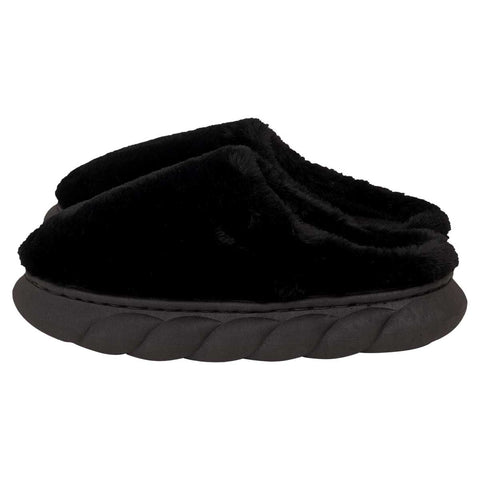 Women's COZY'Z Slippers viewed from above; plush women's house slippers with thick soles; side view of extra-thick EVA slipper sole; fuzzy COZY'Z Slippers worn indoors; lightweight women's slippers beside a chair; anti-slip EVA outsole on women's slippers; soft polyester COZY'Z Slippers for home; women's slippers in sizes 7 through 10