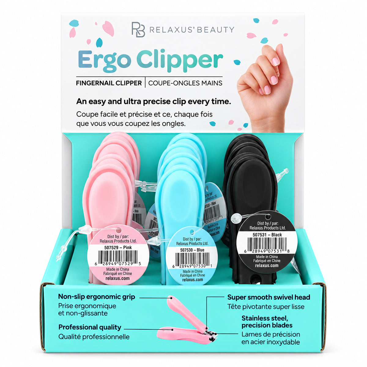 Ergo fingernail and toenail clippers
Stainless steel Ergo nail clippers Ergonomic nail clippers with swivel head
Nail clippers with non-slip grip Stainless steel precision nail clippers Pink Ergo nail clipper Blue Ergo nail clipper Black Ergo nail clipper Swivel head fingernail and toenail clipper