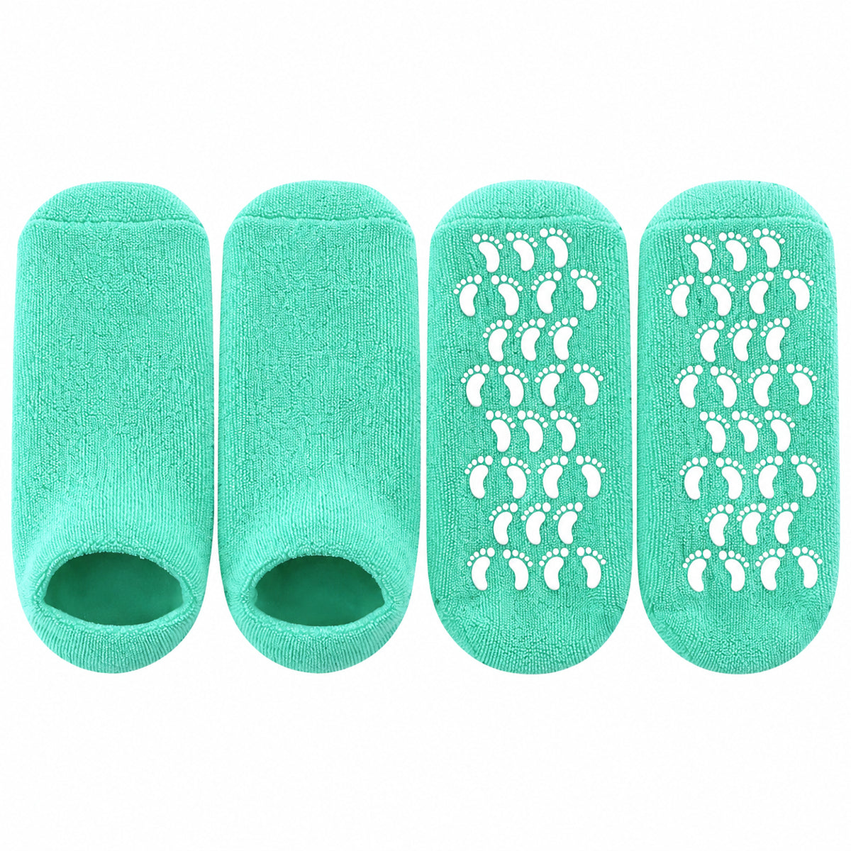 Moisturizing Gel Spa Socks for dry feet; Lavender moisturizing gel socks; Tea Tree and Peppermint gel spa socks; Reusable moisturizing socks for cracked heels; Gel-lined spa socks for a 20-minute foot treatment; Soft moisturizing socks with vitamin E and oils; Moisturizing Gel Spa Socks product packaging; Gel spa socks worn during an at-home foot-care routine.