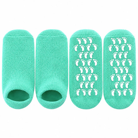 Moisturizing Gel Spa Socks for dry feet; Lavender moisturizing gel socks; Tea Tree and Peppermint gel spa socks; Reusable moisturizing socks for cracked heels; Gel-lined spa socks for a 20-minute foot treatment; Soft moisturizing socks with vitamin E and oils; Moisturizing Gel Spa Socks product packaging; Gel spa socks worn during an at-home foot-care routine.