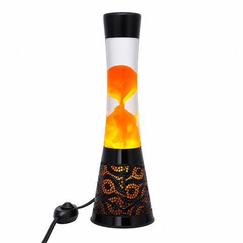 Use only descriptions that match the image shown: Cool Lava Lamp with Himalayan pink salt base; Dimmable 16-inch lava lamp; Flowing lava lamp with warm ambient light; Metal lamp base filled with Himalayan pink salt; Cool Lava Lamp displayed in a bedroom; Lava lamp used in a meditation space; Dimmer switch on the Cool Lava Lamp; Cool Lava Lamp with included 40W bulb and power cord.