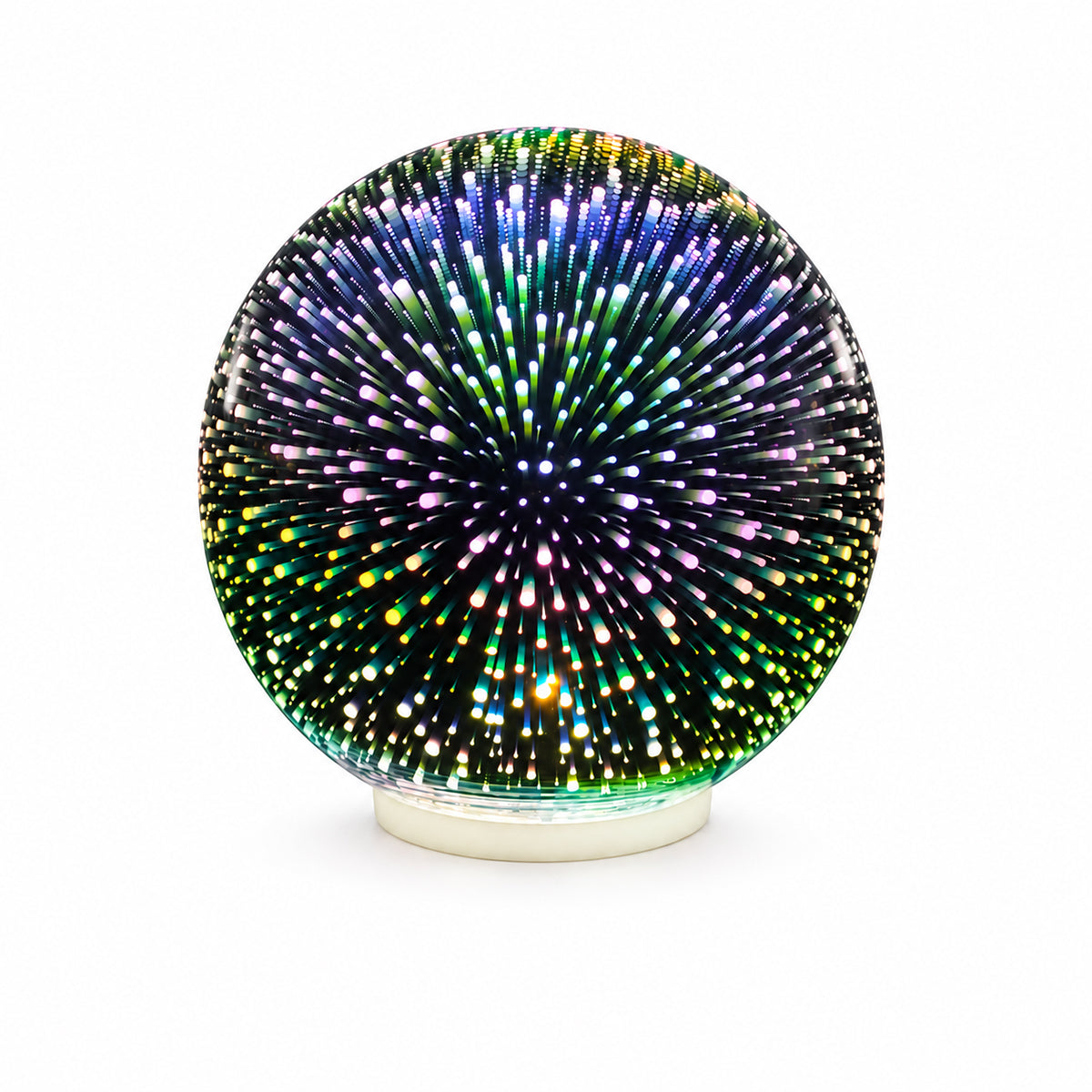 Use only descriptions that match the image shown: 3D Faerie LED Globe with multi-colour illumination; Glass 3D Faerie LED Globe with the light switched off; Illuminated 3D Faerie LED Globe on a mantel; Battery-operated Faerie globe light on a desktop; 3D Faerie LED Globe displayed on a patio table; Bottom ON/OFF switch on the 3D Faerie LED Globe; Medium 3D Faerie LED Globe, 15 cm diameter