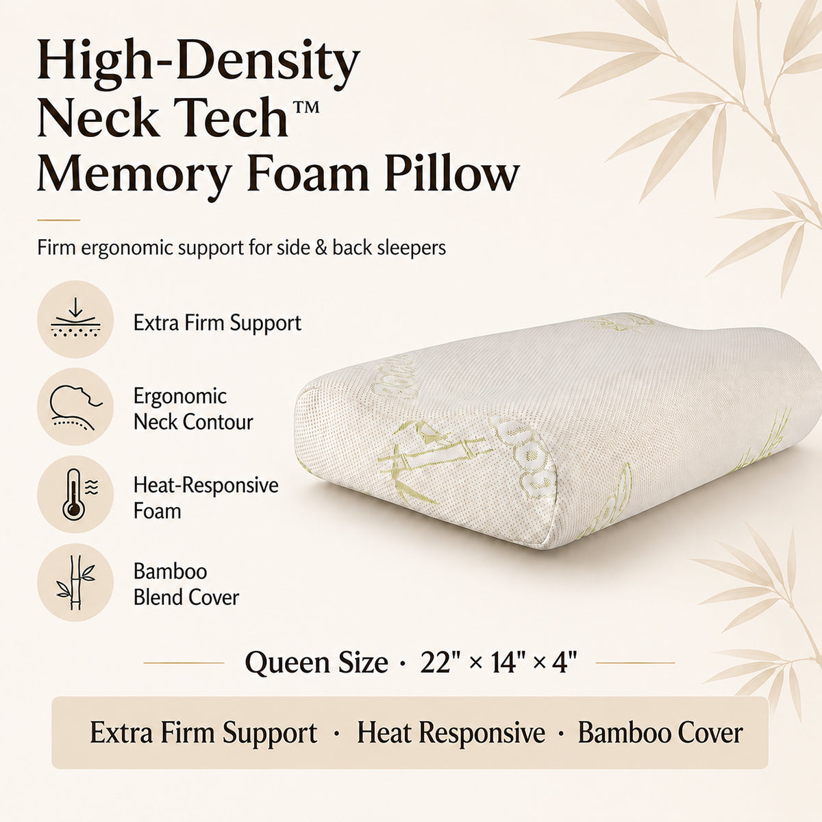 high-density neck tech pillow; firm contouring pillow for side sleepers; queen size neck support pillow; high-density pillow with bamboo blend cover; firm pillow for back sleepers; contouring neck pillow with washable 