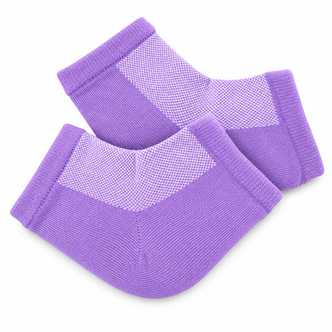  Lavender Moisturizing Gel Heel Socks two-pair set; Reusable lavender gel socks for dry heels; Gel-lined heel socks infused with vitamin E and oils; Lavender heel socks worn during a foot-care treatment; Cotton blend moisturizing heel socks; Two pairs of lavender moisturizing heel socks; Gel heel socks for a 20-minute treatment; Lavender Moisturizing Gel Heel Socks product packaging.