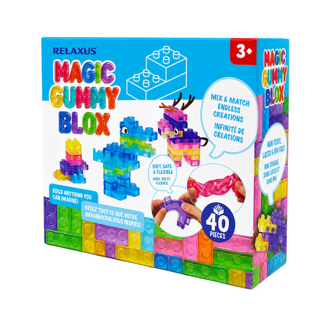 Magic Gummy Blox flexible building blocks Translucent gummy-style building blocks Soft colourful TPR building pieces Magic Gummy Blox creative construction toy Flexible blocks connected into a colourful design Bright translucent building pieces for imaginative play
Soft reusable building blocks for creative designs Magic Gummy Blox pieces for building creatures and vehicles