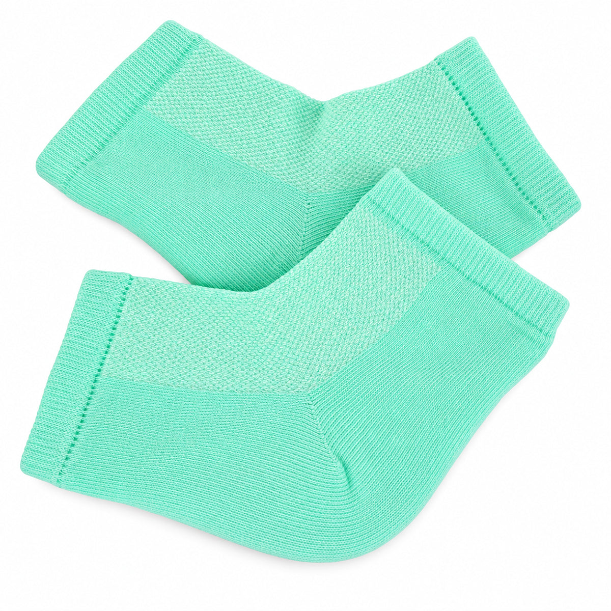 Moisturizing Gel Heel Socks two-pair set; Tea Tree and Peppermint gel heel socks; Reusable moisturizing socks for dry heels; Gel-lined heel socks infused with vitamin E and oils; Moisturizing heel socks worn during a foot-care treatment; Cotton blend gel heel socks; Two pairs of moisturizing heel socks; Moisturizing Gel Heel Socks product packaging