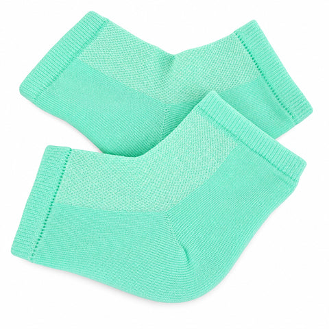 Moisturizing Gel Heel Socks two-pair set; Tea Tree and Peppermint gel heel socks; Reusable moisturizing socks for dry heels; Gel-lined heel socks infused with vitamin E and oils; Moisturizing heel socks worn during a foot-care treatment; Cotton blend gel heel socks; Two pairs of moisturizing heel socks; Moisturizing Gel Heel Socks product packaging