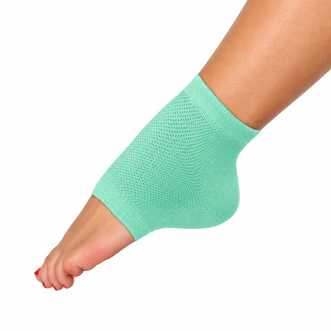 Moisturizing Gel Heel Socks two-pair set; Tea Tree and Peppermint gel heel socks; Reusable moisturizing socks for dry heels; Gel-lined heel socks infused with vitamin E and oils; Moisturizing heel socks worn during a foot-care treatment; Cotton blend gel heel socks; Two pairs of moisturizing heel socks; Moisturizing Gel Heel Socks product packaging
