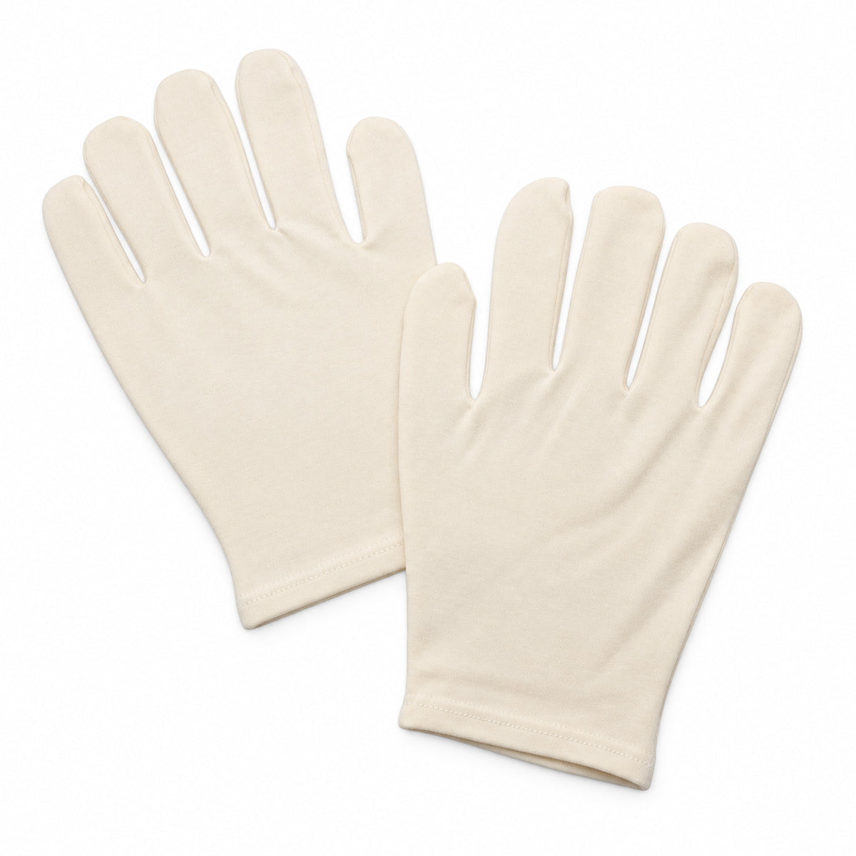 Unbleached cotton moisturizing gloves; reusable cotton gloves for overnight hand care; white cotton moisturizing gloves for use with hand cream; unbleached cotton and elastane hand gloves; moisturizing gloves worn over hand lotion; one-size cotton hand-care gloves; washable cotton gloves for an overnight hand treatment; pair of unbleached cotton moisturizing gloves
