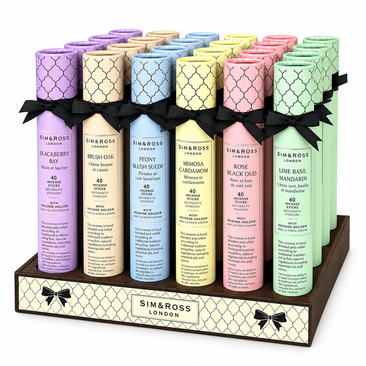 Sim & Ross hand-rolled incense sticks
Sim & Ross incense sticks with wooden holder 40-pack hand-blended incense sticks Lime Basil and Mandarin incense sticks Blackberry and Bay incense sticks
Peony and Blush Suede incense sticks
English Oak and Blackcurrant incense sticks Rose and Black Oud incense sticks
Mimosa and Cardamom incense sticks