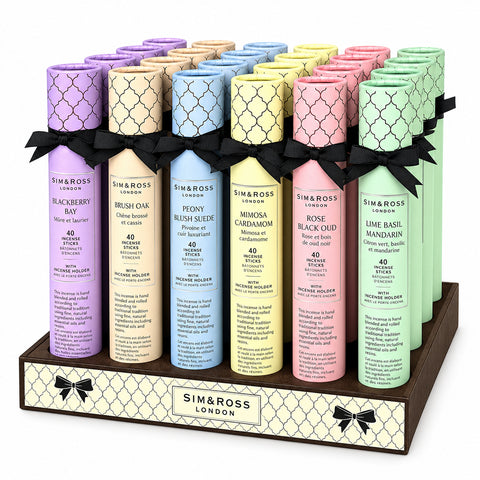 Sim & Ross hand-rolled incense sticks
Sim & Ross incense sticks with wooden holder 40-pack hand-blended incense sticks Lime Basil and Mandarin incense sticks Blackberry and Bay incense sticks
Peony and Blush Suede incense sticks
English Oak and Blackcurrant incense sticks Rose and Black Oud incense sticks
Mimosa and Cardamom incense sticks