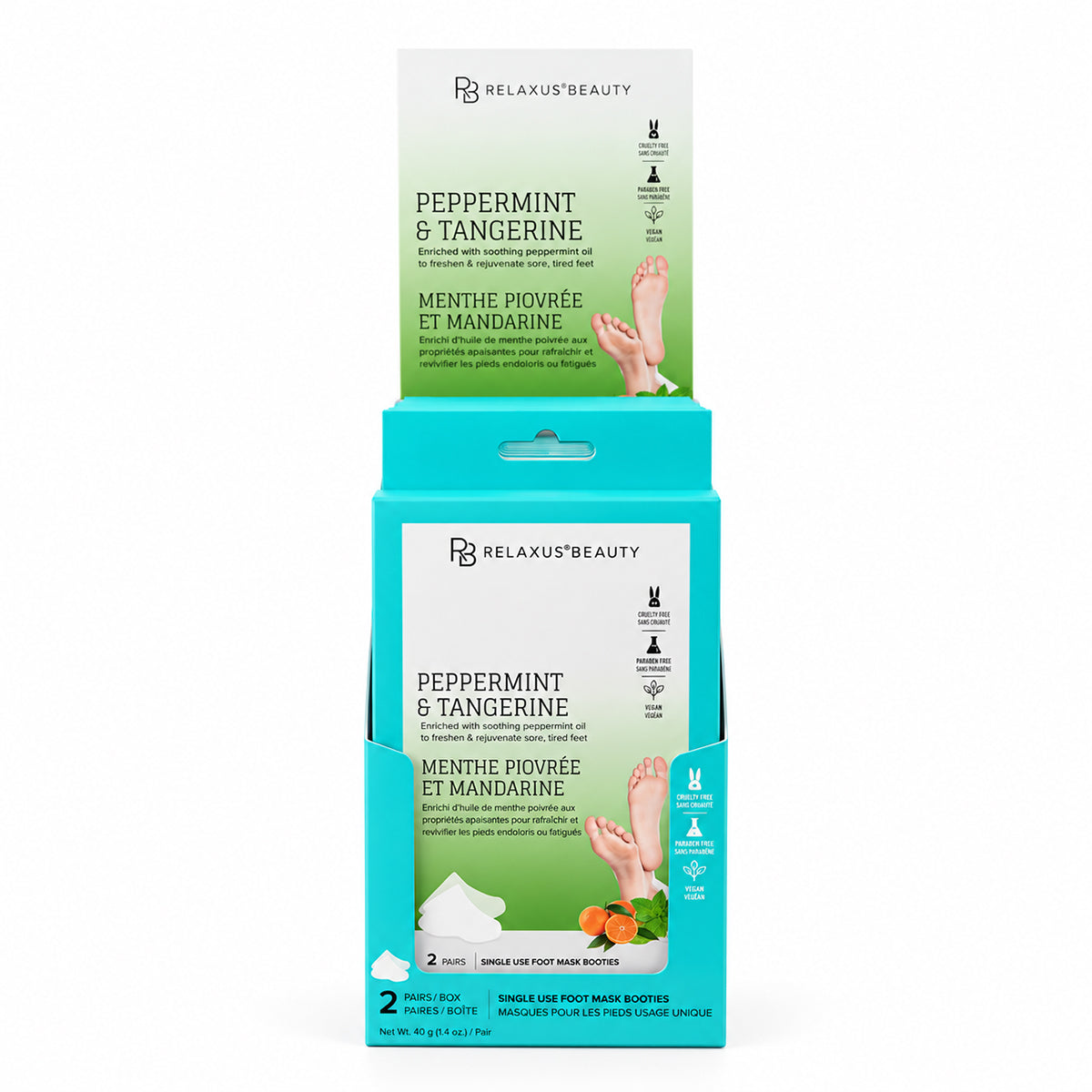 Peppermint and Tangerine Moisturizing Foot Masks; Two-pair foot mask treatment box; Pre-moistened foot masks for dry feet; Peppermint foot masks worn like socks; Single-use moisturizing foot treatment; Foot masks enriched with peppermint oil; Peppermint and Tangerine Foot Mask packaging; At-home 30-minute moisturizing foot treatment.  