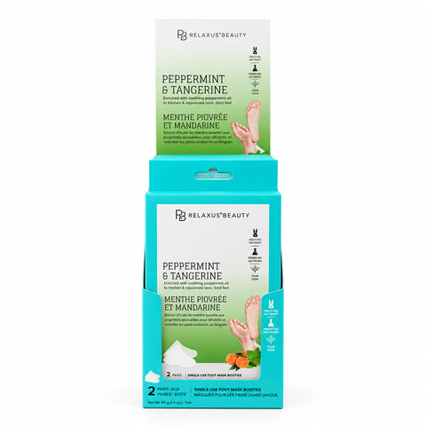 Peppermint and Tangerine Moisturizing Foot Masks; Two-pair foot mask treatment box; Pre-moistened foot masks for dry feet; Peppermint foot masks worn like socks; Single-use moisturizing foot treatment; Foot masks enriched with peppermint oil; Peppermint and Tangerine Foot Mask packaging; At-home 30-minute moisturizing foot treatment.  