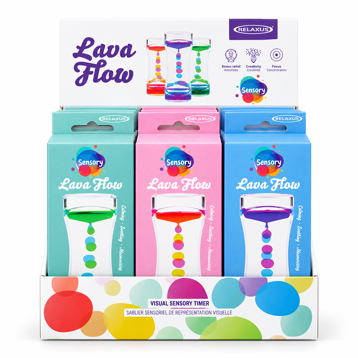Use only descriptions that match the image shown: Lava Flow Sensory Desktop Toy with colourful bubbles; Clear acrylic liquid-motion sensory toy; Complementary coloured droplets flowing through the Lava Flow toy; Lava Flow Sensory Desktop Toy on an office desk; Liquid-motion toy in a study space; Lava Flow Sensory Desktop Toy retail displayer of 12; Individually boxed Lava Flow Sensory Desktop Toy.