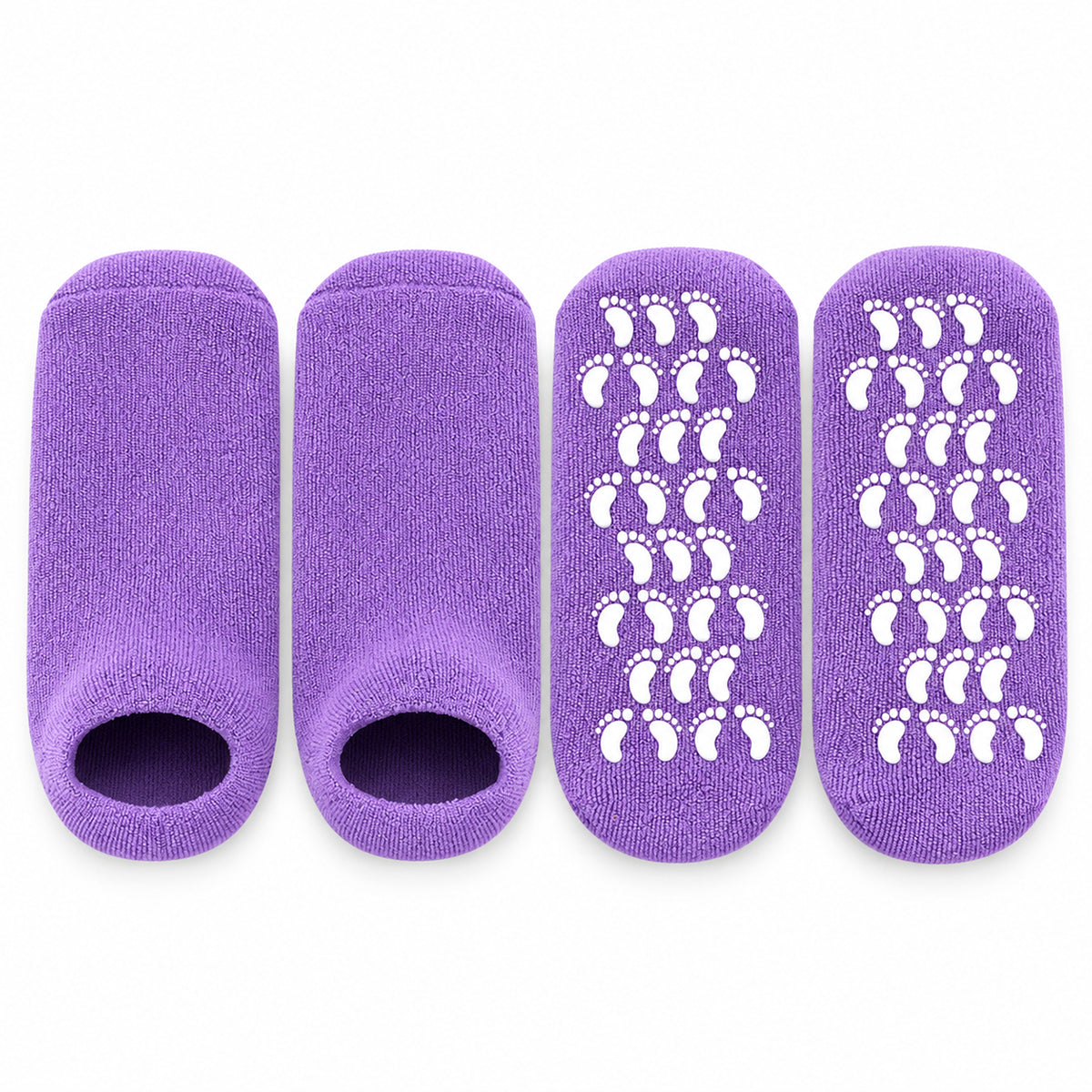 Moisturizing Gel Spa Socks for dry feet; Lavender moisturizing gel socks; Tea Tree and Peppermint gel spa socks; Reusable moisturizing socks for cracked heels; Gel-lined spa socks for a 20-minute foot treatment; Soft moisturizing socks with vitamin E and oils; Moisturizing Gel Spa Socks product packaging; Gel spa socks worn during an at-home foot-care routine.
