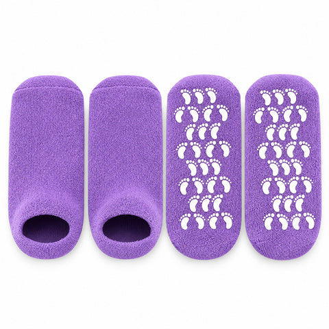 Moisturizing Gel Spa Socks for dry feet; Lavender moisturizing gel socks; Tea Tree and Peppermint gel spa socks; Reusable moisturizing socks for cracked heels; Gel-lined spa socks for a 20-minute foot treatment; Soft moisturizing socks with vitamin E and oils; Moisturizing Gel Spa Socks product packaging; Gel spa socks worn during an at-home foot-care routine.
