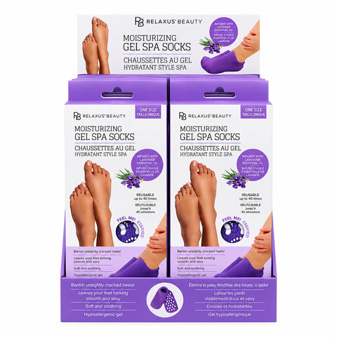 Moisturizing Gel Spa Socks for dry feet; Lavender moisturizing gel socks; Tea Tree and Peppermint gel spa socks; Reusable moisturizing socks for cracked heels; Gel-lined spa socks for a 20-minute foot treatment; Soft moisturizing socks with vitamin E and oils; Moisturizing Gel Spa Socks product packaging; Gel spa socks worn during an at-home foot-care routine.