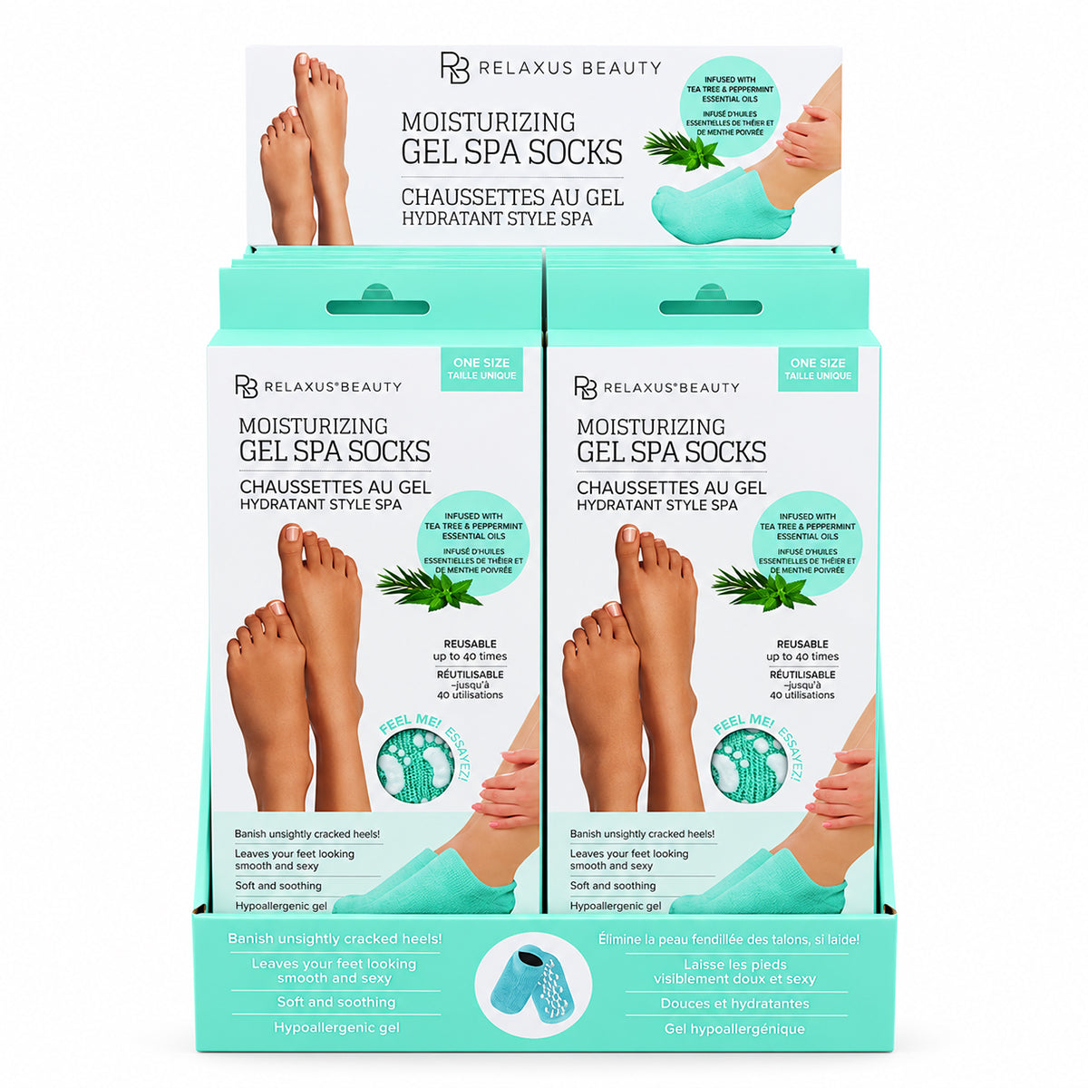 Moisturizing Gel Spa Socks for dry feet; Lavender moisturizing gel socks; Tea Tree and Peppermint gel spa socks; Reusable moisturizing socks for cracked heels; Gel-lined spa socks for a 20-minute foot treatment; Soft moisturizing socks with vitamin E and oils; Moisturizing Gel Spa Socks product packaging; Gel spa socks worn during an at-home foot-care routine.