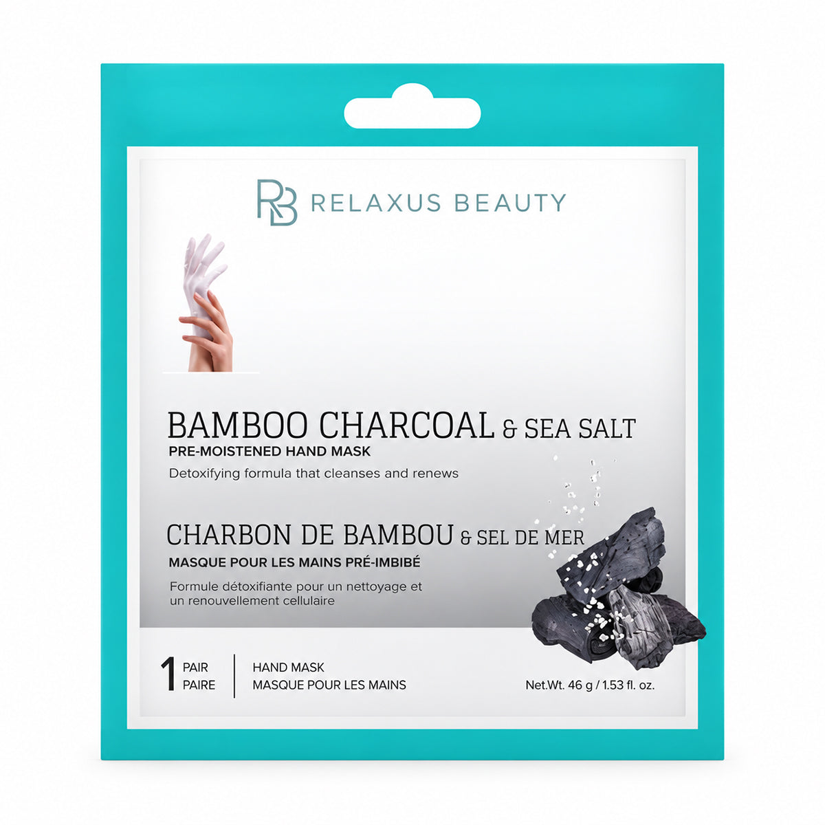 Bamboo charcoal and sea salt hand mask pouch; pre-moistened hand mask treatment; glove-style bamboo charcoal hand mask; sea salt hand mask for a 30-minute routine; hand mask removed from its pouch; bamboo charcoal hand-care mask packaging; hands wearing a pre-moistened glove-style mask; single-use charcoal and sea salt hand mask.  
 