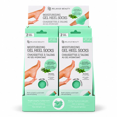 Moisturizing Gel Heel Socks two-pair set; Tea Tree and Peppermint gel heel socks; Reusable moisturizing socks for dry heels; Gel-lined heel socks infused with vitamin E and oils; Moisturizing heel socks worn during a foot-care treatment; Cotton blend gel heel socks; Two pairs of moisturizing heel socks; Moisturizing Gel Heel Socks product packaging